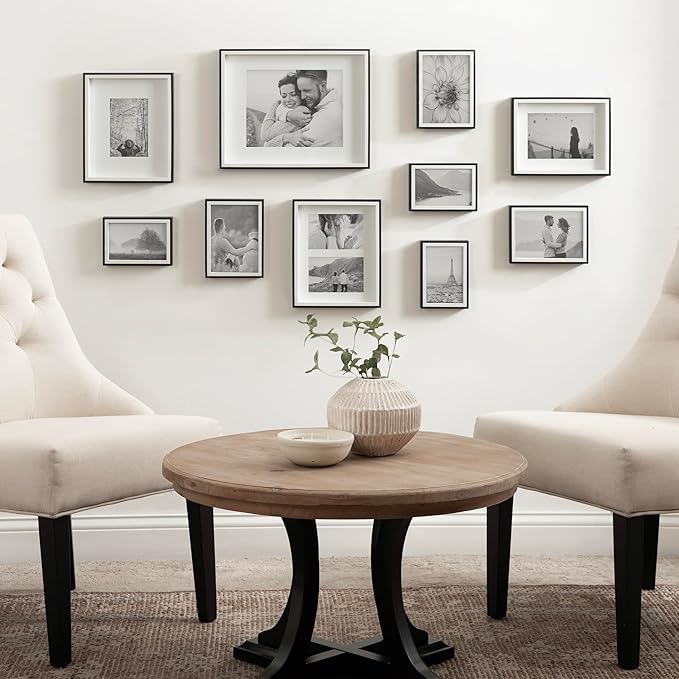 Kate and Laurel Gibson Transitional Picture Frame Set; Set Of 10; Varying Sizes; Black and White; Two-Tone Wall Frame Set Collection with Hanging Template for Gallery Wall Picture Frame Display