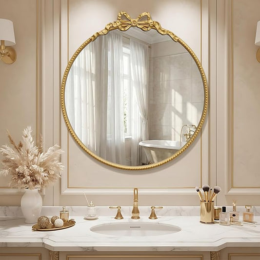 Besdomus Gold Round Bow Mirror: 27" Modern Circle Bathroom Vanity Mirror - Baroque Traditional Ornate Beaded Decorative for Wall/Cloakroom/Bedroom/Dressing Room - Ideal for Fashion Conscious Women