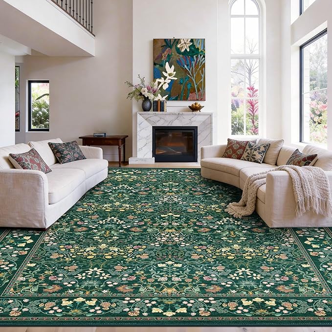 AMADA HOMEFURNISHING Large Area Rugs 9x12, Washable Floral Rug with Non-Slip Backing & Low Pile, Durable Edge Biding, Vintage Soft Floral Rug for Living Room, Bedroom and Dining Room