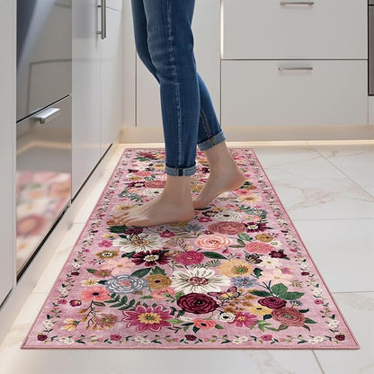 2x5 Entryway Runner Rugs, Non Slip Washable Rugs with Rubber Backing Soft Floral Carpet Runner for Kitchen, Laundry, Bedroom, Bathroom, Pink Garden, 2 x 5