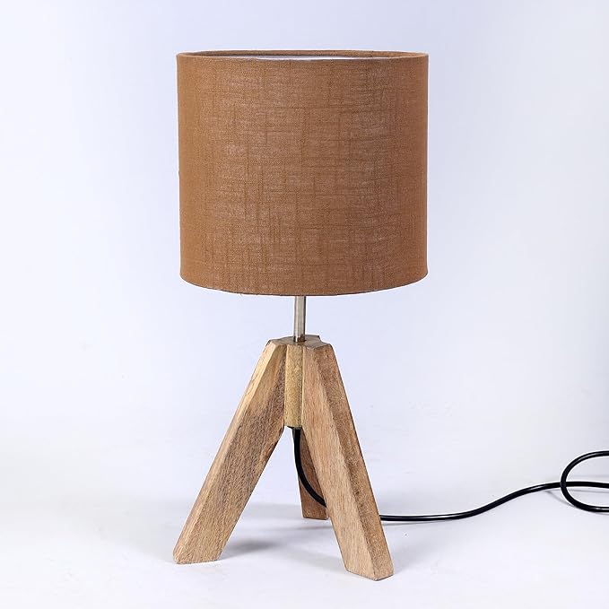 Tripod Table Lamp, 16 Inches Height with Brown Jute Lamp Shade Bedside Lamp Nightstand Lamp for Nursery, Bedroom, Kid Room, Living Room, Light Brown Wooden Base
