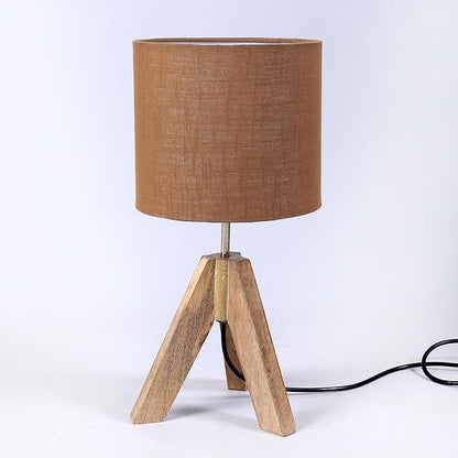 Tripod Table Lamp, 16 Inches Height with Brown Jute Lamp Shade Bedside Lamp Nightstand Lamp for Nursery, Bedroom, Kid Room, Living Room, Light Brown Wooden Base