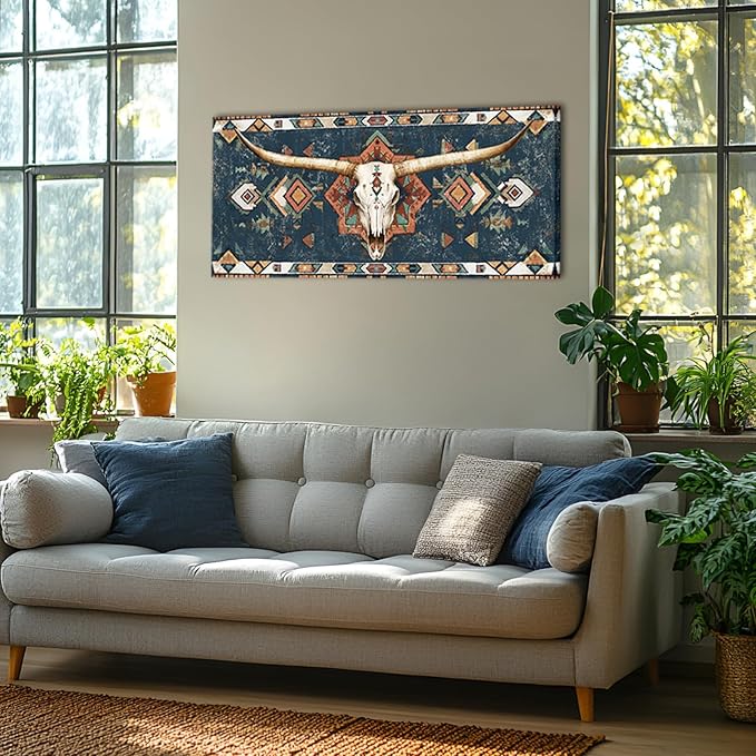 sechars Longhorn Skull Wall Art Native American Tribal Pattern Painting Picture Prints Rustic Southwestern Western Longhorn Decor 20"x48"