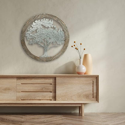 Hosley Metal Tree of Life Wall Art with Wooden Ring 20 Inch Round – Rustic Farmhouse Wall Décor for Living Room, Bathroom, Bedroom, Dining Room – Housewarming Gifts
