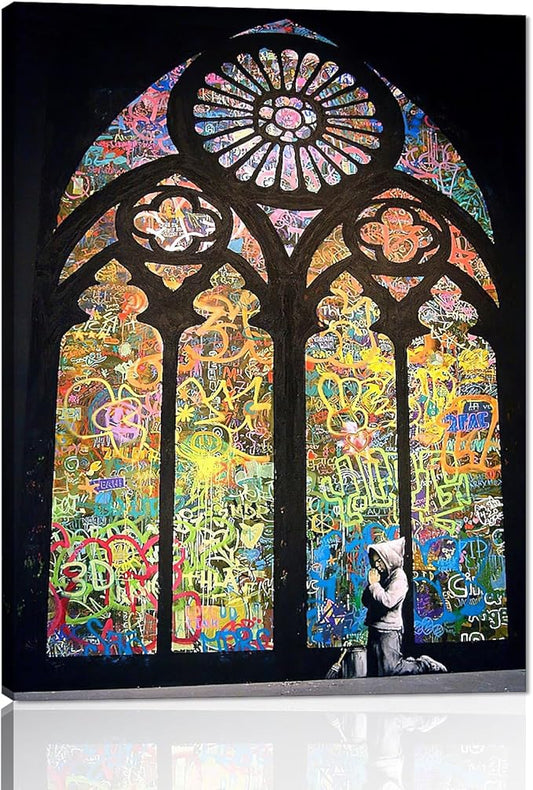 Stained Glass Church Graffiti Wall Art Praying Boy In Cathedral Canvas Picture Art Print Poster and Print Wall Decor for Living Room Modern Home Decor Framed Easy to Hang(12''W x 16''H)