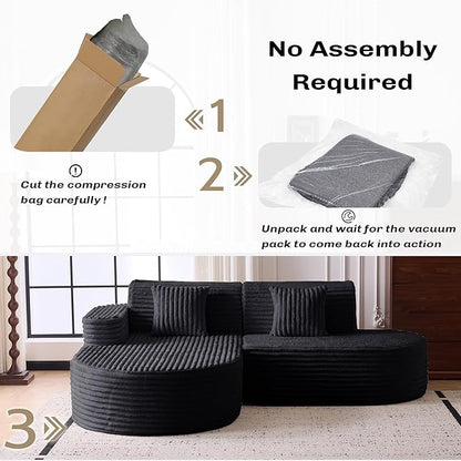 Modern Curved Boneless Sofa Couch, L-Shaped Corner Sofa, Corduroy Upholstered Cloud Sectional Couch for Living Room, Bedroom and Apartment,No Assembly Needed(Black, Left Hand Facing)