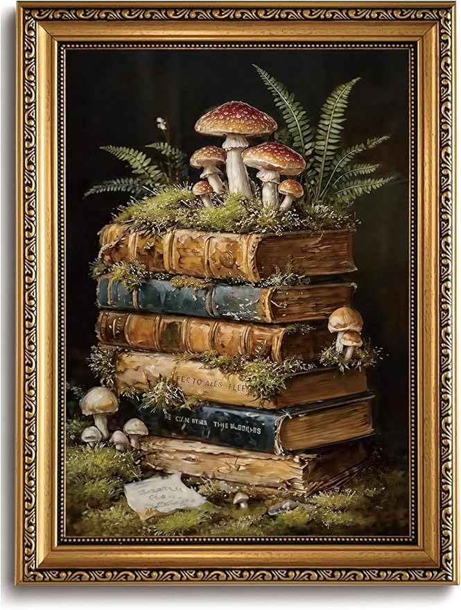 WZGZXU Vintage Gold Framed Wall Art Botanical Wall Decor Dark Academia Canvas Art Cottagecore Stack Books Pictures Gothic Prints Moody Paintings For Bedroom Study Room Library 12x16in