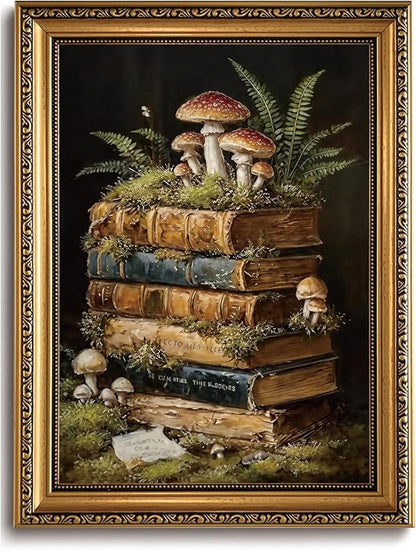 WZGZXU Vintage Gold Framed Wall Art Botanical Wall Decor Dark Academia Canvas Art Cottagecore Stack Books Pictures Gothic Prints Moody Paintings For Bedroom Study Room Library 12x16in