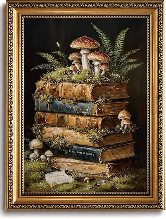 WZGZXU Vintage Gold Framed Wall Art Botanical Wall Decor Dark Academia Canvas Art Cottagecore Stack Books Pictures Gothic Prints Moody Paintings For Bedroom Study Room Library 12x16in