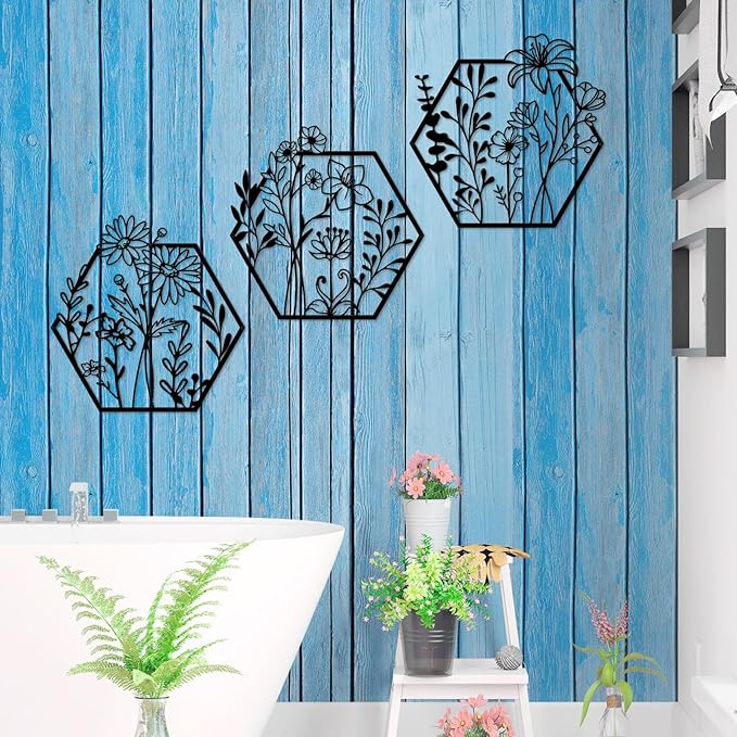 ESTART 3 Pcs Metal Flower Wall Decor Minimalist Floral Wall Hanging Decor Metal Flower Rustic Floral Art for Spring Bedroom Bathroom Living Room Kitchen Dining Room Decoration (Black)
