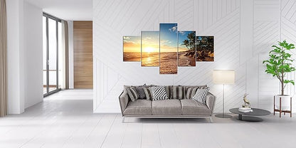 Beautiful Extra Large 5 Piece Sunset Beach Palm Landscape Artwork Pictures Painting on Canvas Wall Art for Living Room Prints and Posters for Home Decorations Wall Decor Set Framed (60" W x 40" H)