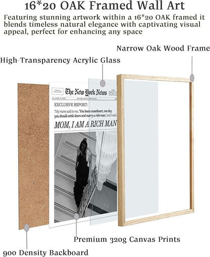 EcoHest Trendy Newspaper Framed Wall Art, Large 16x20 in OAK Wood Mom I Am a Rich Man Canvas Art, Magazine Girly Poster College Dorm Decor, Beige Logs Set of 1 for Bedroom Living Room