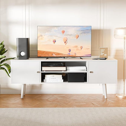 Cozy Castle TV Stand for 48-55 Inch TV, Mid Century Modern Entertainment Center with Storage Cabinet, TV Media Console with Charging Station for Living Room (White, 42.5" W x 15.7" D x 19.7" H)