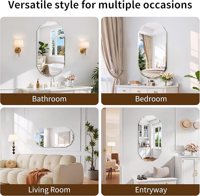 GLASHOM Beveled Edge Frameless Bathroom Mirror, Oval Wall Mirror for Over Sink, 18" x 36" Modern Decorative Vanity Mirror for Bedroom, Living Room, Entryway, Hanging Mirror Horizontal or Vertical