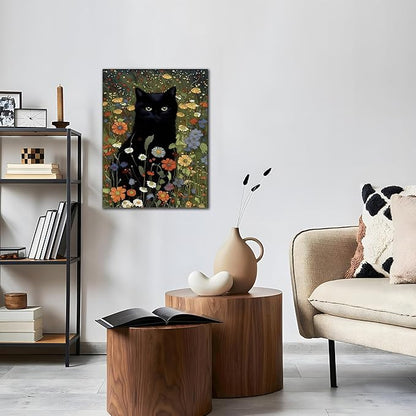 Framed Cat Canvas Wall Art, Funny Black Cat Picture Wall Decor, Animal In Garden Flowers Prints Poster for Bathroom Bedroom Living Room Gallery Decor 12x16 inch