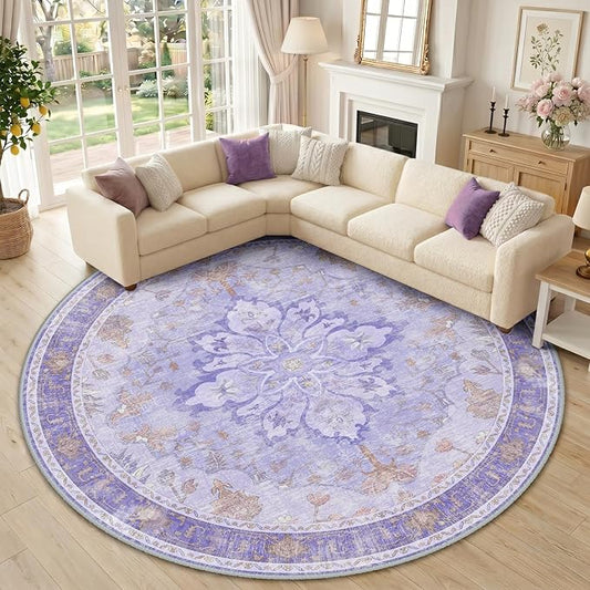 RELEANY Area Rugs Round 10ft Washable Non-Slip, Floral Vintage Distress Print Pattern Medallion Carpet for Living Room Bedroom Dining Room, Light Purple Brown