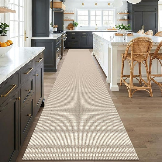 KOZYFLY 3x18 Runners Rugs for Hallway, Extra Long Washable Runner Rug, Non Slip Rubber Backed Kitchen Runner, Cotton Entryway Rug, Floor Carpet for Entry, Aisle, Hall, Ivory/Camel/Brown