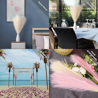 Pampas Grass Decor, Fluffy Faux Pampas Grass 6 Stem 18"/45cm Pompous Grass Small Flower Arrangement and Vase Filler for Boho Home Wedding Decoration (Dark Blue)