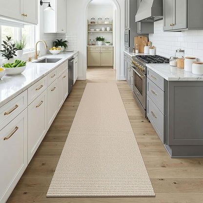 KOZYFLY Cotton Runners for Hallway 3x9, Wide Washable Runner Rug, Woven Non Slip Kitchen Runner, Braided Entryway Rug, Floor Carpet for Foyer, Bedroom, Hall, Ivory/Camel/Brown