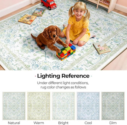 CAPALOCA Machine Washable Rugs Nursery Rug 7x9 Cute Girl Non Slip Low Pile Water Repellent Soft Print Pattern for Bedroom Indoor Decor Kids Playroom Green Blue