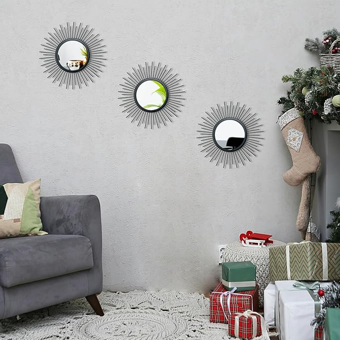3 Set Sunburst Mirrors for Wall Decor Living Room Bedroom Bathroom Dining Room Metal Boho Sunburst Wall Mirror Set Gold Metal Vintage Circle Art Pack - Black 11.8 in