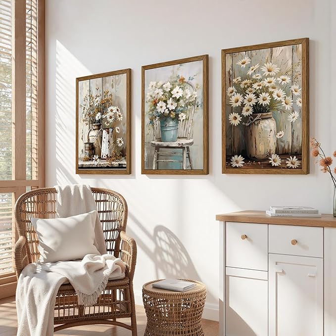 DUWQU 3 Piece Framed Elegant Farmhouse Canvas Wall Art, Vintage Floral Pictures Wall Decor, Nature Themed Daisy Art Prints for Living Room Bedroom Kitchen and Office Ready to Hang 12×16 Inches