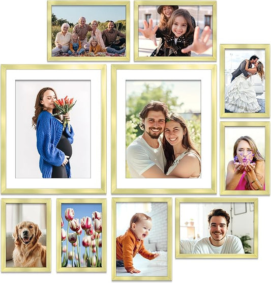 Icona Bay Combo-Sizes Gold Picture Frames Set - 10 PC (Four 4x6, Four 5x7, Two 8x10), Noble Collection Multi-Pack, Modern Professional Design for Wall Gallery