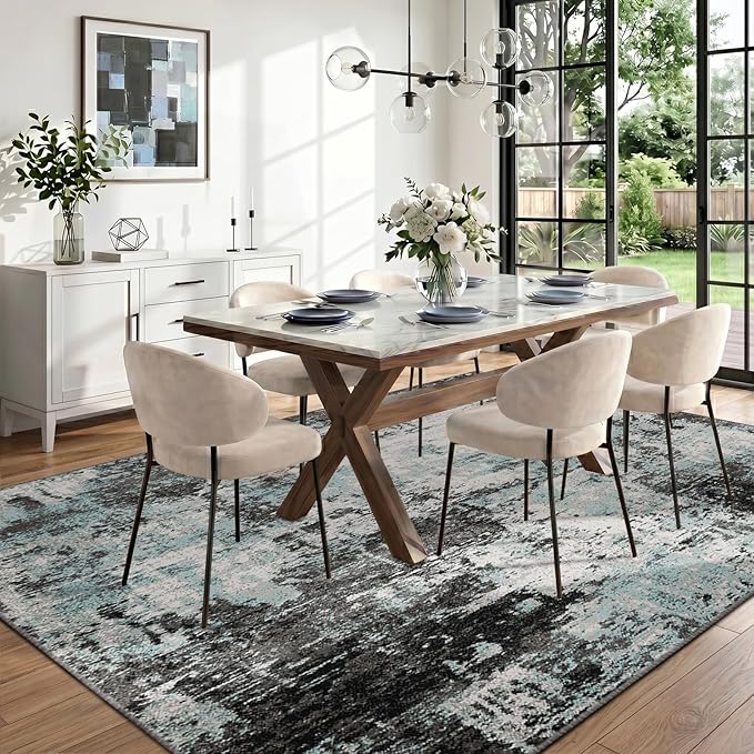 RELEANY Washable Area Rugs 6'x9' Non-Slip Modern Abstract Soft for Living Room Entryway Bedroom Nursery, Print Pattern, Blue Black Teal