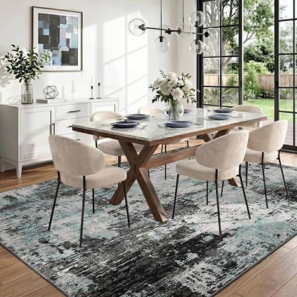 RELEANY Washable Area Rugs 8'x10' Non-Slip Modern Abstract Soft for Living Room Entryway Bedroom Nursery, Print Pattern, Blue Black Teal