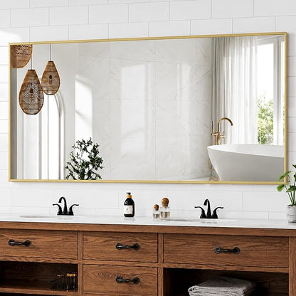 30" x 60" Gold Wall Mirror for Bathroom, 60" x 30" Extra Large Metal Framed Accent Decor, Horizontal Mirror for Dining Room & Double Vanity