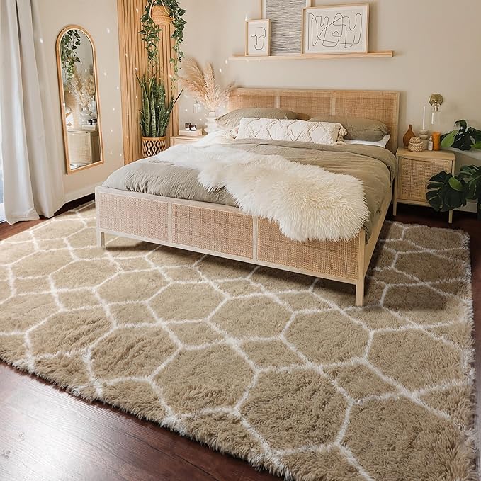 ONASAR Rugs for Living Room Bedroom, 5x8 Fluffy Beige and White Area Rug, Geometric Boho Soft Plush Shaggy Fuzzy Floor Carpet for Nursery Kids Girls Boys Teen Dorm Home Decor Aesthetic