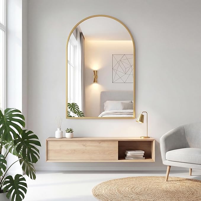 OLIXIS 26x38 Inch Arched Gold Bathroom Mirror for Over Sink, Wall Mirror, Arch Bathroom Vanity Mirror with Matte Metal Frame and Tempered Glass for Home Decor, Living Room, Shatterproof&Crystal-Clear