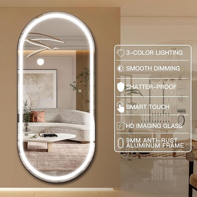 FENNIO 71" x 32" Large Wall Mounted Mirror with LED Lights, Oval Full Length LED Lighted Full Body Dressing Mirror for Bedroom, Salon, Brushed Aluminum Frame, Tempered Glass