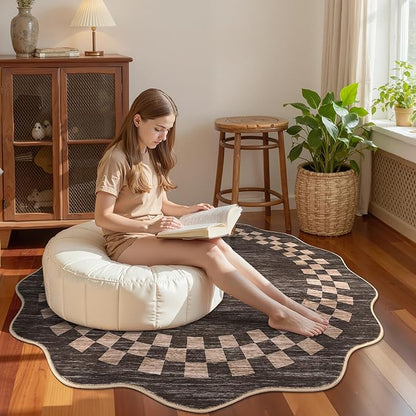 6ft Washable Round Rug for Entryway Modern Checkered Bedroom Circle Rug Non Slip Soft Dining Room Round Throw Carpet Large Stain Resistant Border Round Rugs for Living Room Kitchen Bathroom, Brown