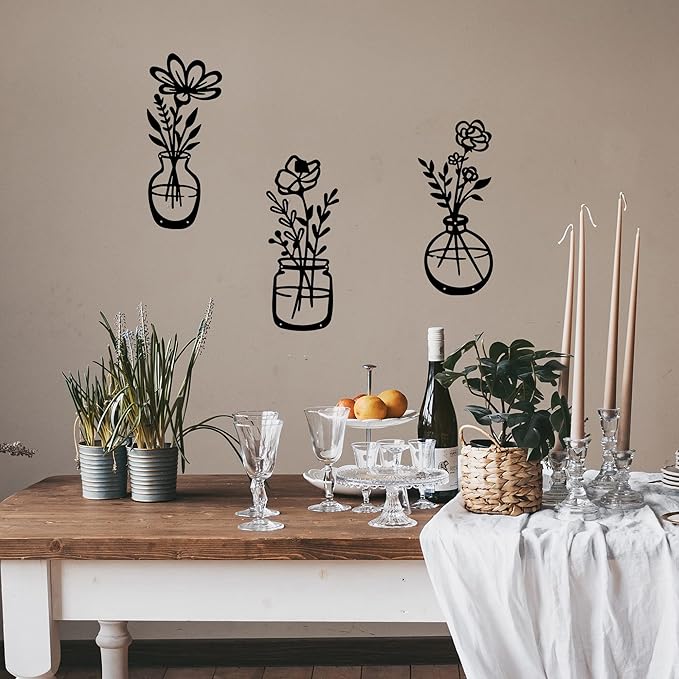 3 Pieces Black Metal Flowers Wall Decor Grandma Mothers Day Gift Birthday Gifts for Women Wall Art Metal Wall Sculptures Hanging for Indoor Kitchen Bathroom Bedroom living room 14.56x5.9 inches