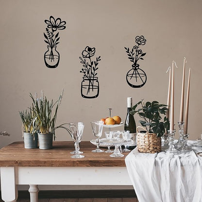 3 Pieces Black Metal Flowers Wall Decor Grandma Mothers Day Gift Birthday Gifts for Women Wall Art Metal Wall Sculptures Hanging for Indoor Kitchen Bathroom Bedroom living room 14.56x5.9 inches