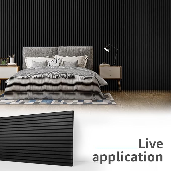 Art3d 2 Wood Slat Acoustic Panels for Wall and Ceiling - 3D Fluted Sound Absorbing Panel with Wood Finish - Matte Black
