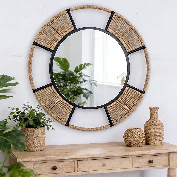 Large Round Mirrors for Wall Decor, 36.6'' Boho Coastal Mirror with Detachable Rattan and Black Metal Frame, Black Farmhouse Mirror for Bathroom Power Room Fireplace Hallway