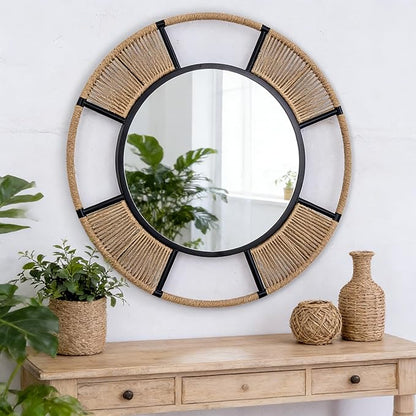 Large Round Mirrors for Wall Decor, 36.6'' Boho Coastal Mirror with Detachable Rattan and Black Metal Frame, Black Farmhouse Mirror for Bathroom Power Room Fireplace Hallway