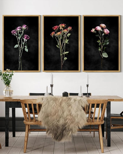 Drsoum Vintage Dark Moody Flower Bouquet Wall Art Framed Retro Wildflower Botanical Prints Modern Nature Plant Floral Rustic Artwork Bedroom Living Room Ready to Hang 16x24in Natural Framed