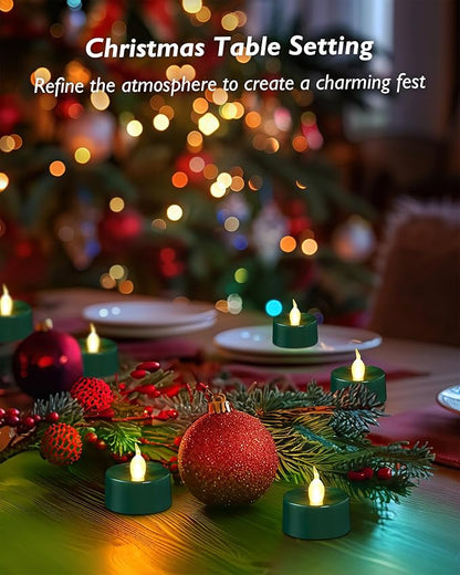 merrynights Green LED Candles, 12 Pack Tea Lights Candles Battery Operated, Flameless Tealight Candle, Realistic Tea Lights for Halloween Christmas Party Decor Mardi Gras