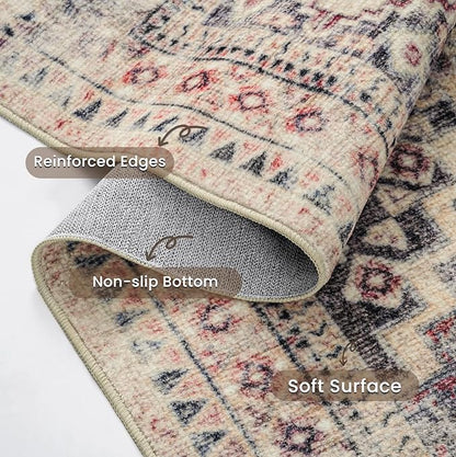 YOH Boho Washable Rug 9x12, Mauve Grey Vintage Non Slip Area Rug, Distressed Indoor Carpet for Living Room Bedroom Kitchen Office