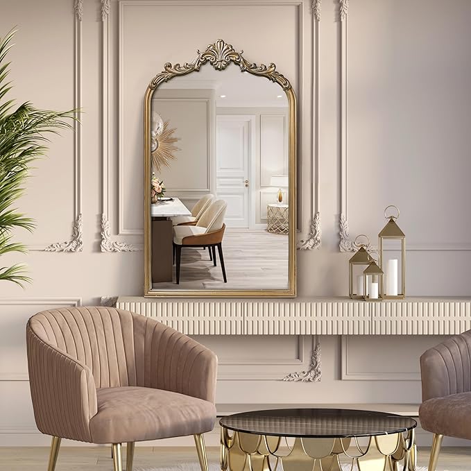Wylde Iris English Estate Carved Arch Wood Wall Mirror, Mirror for Entryway, Living Room, Bathroom, Antique Gold, 20.4x33