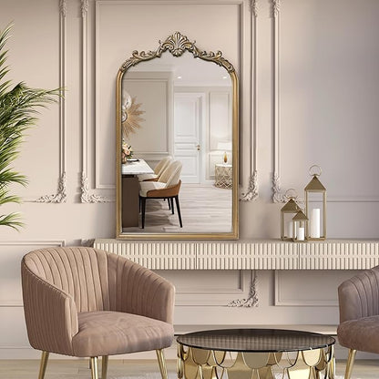 Wylde Iris English Estate Carved Arch Wood Wall Mirror, Mirror for Entryway, Living Room, Bathroom, Antique Gold, 20.4x33