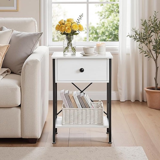 VECELO Nightstand,Modern Bedside End Table, Night Stand with Drawer and Storage Shelf for Living Room Bedroom, Industrial Metal Frame