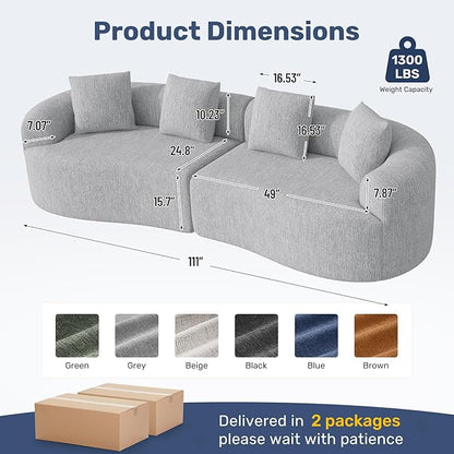 110” Modern Curved Sofa,Oversized Couch for Living Room,Cloud Couch with Boneless Couchs,Modular Sectional Sofa with Deep Seat,No Assembly Required,Light Gray
