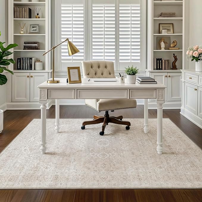 FMFUNCTEX 3x4 Washable Area Rug Beige Vintage Neutral Distressed Non Slip Low Pile Floral Retro Indoor Carpet for Entryway Entrance Thin Soft Rug Living Room Bedroom Kitchen Office Desk Laundry