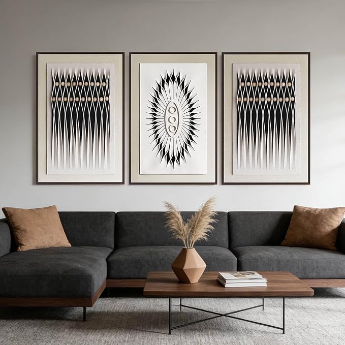 3D Textured Framed Abstract Wall Art for Bedroom, 3 Piece Modern Geometric Artwork for Walls, Black White Sandstone Texture Minimalist Pictures for Meditation Room Office Decor, 16x24 In