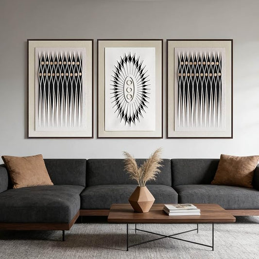 Large 3D Textured Framed Abstract Wall Art for Living Room, 3 Piece Modern Geometric Artwork for Walls, Black White Sandstone Texture Minimalist Pictures for Dining Room Office Decor, 24x36 In