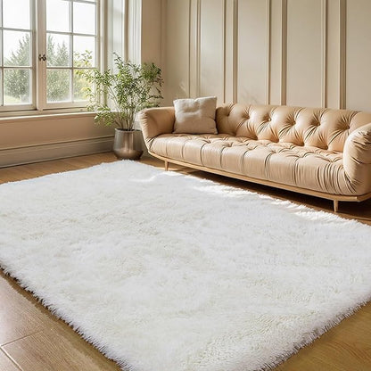 KICHOWUA Area Rug 5x7 Cream White Fluffy Shag for Girl Bedroom,Ultra Soft Plush Fuzzy Washable Thickened Non-Slip Floor Carpet,Modern Furry Shaggy Rug for Living Room Nursery Kids Boy Dorm,Ivory
